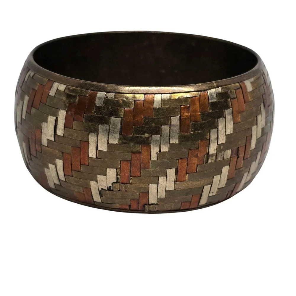 Vtg Mixed Metal Inlay Wide Bangle Bracelet Copper Brass Silver Tone Woven Patern